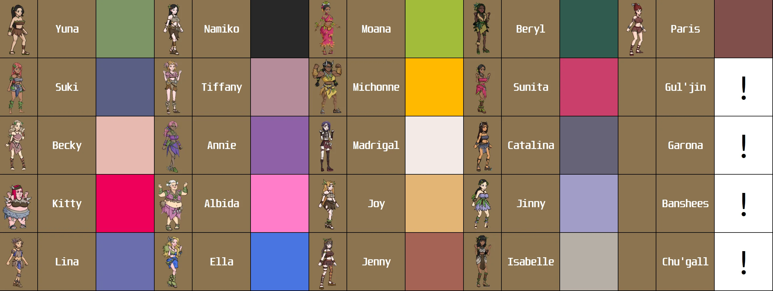 Girlfriend dating mini-game color chart